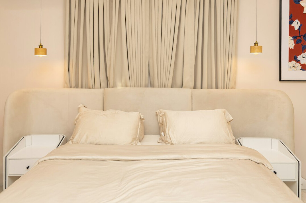 elegant bedroom with velvet bedding