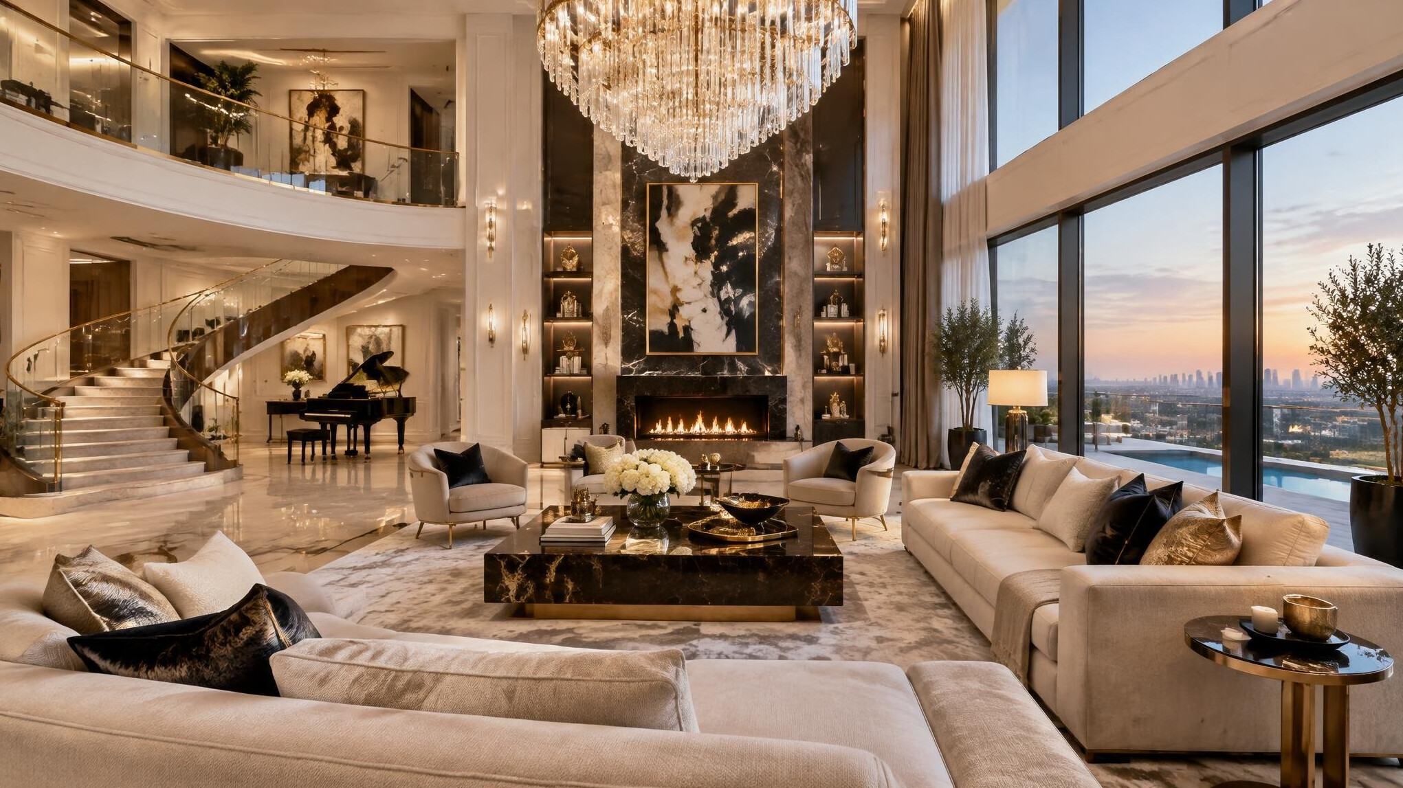 luxury living room with chandelier